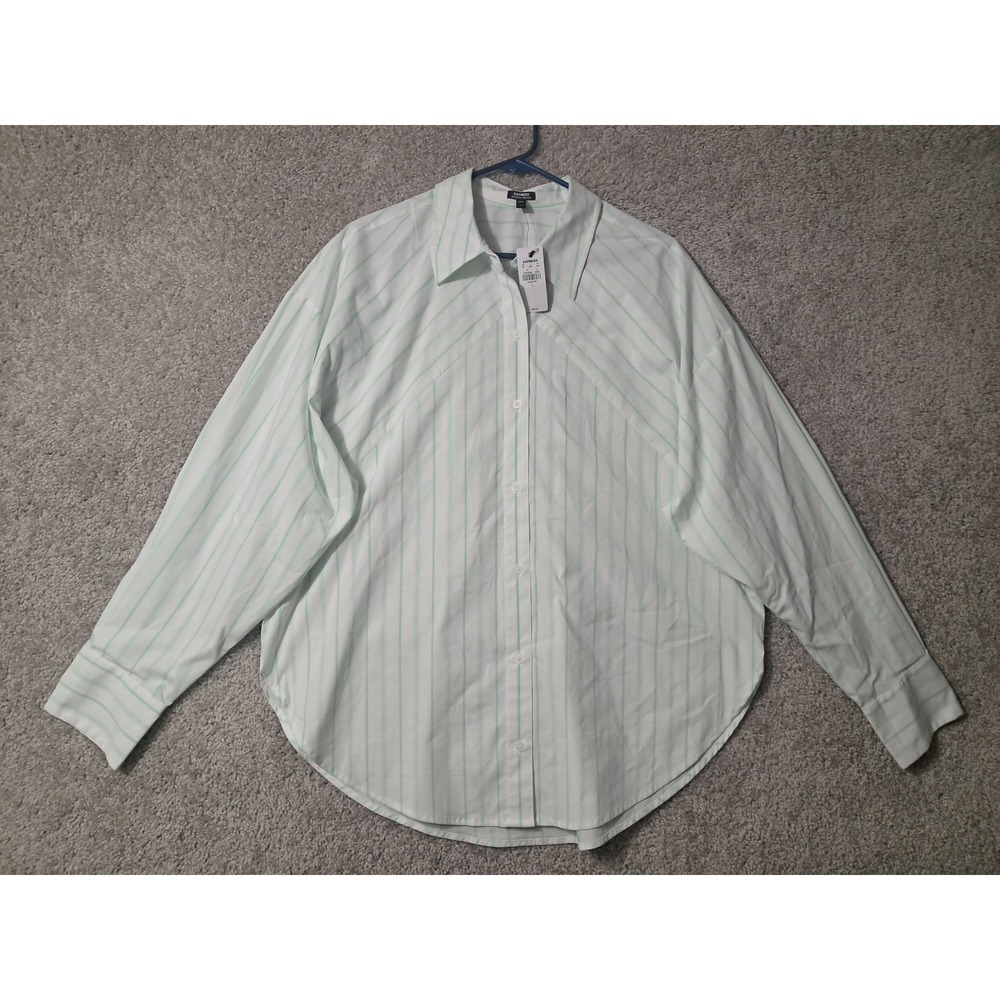 Express Women's L Button Shirt White Green Boyfriend Striped Long Sleeve